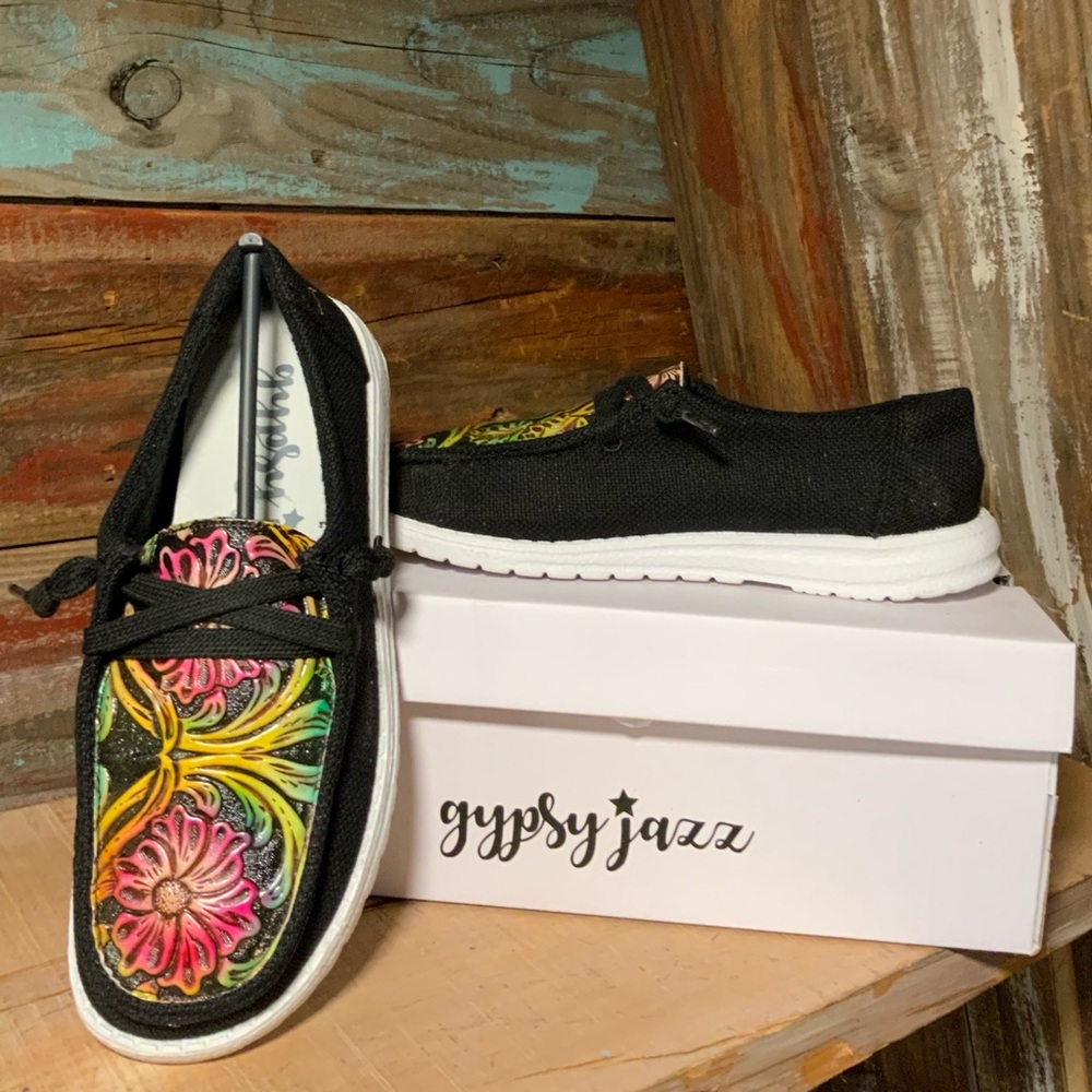 NEW Gypsy Jazz Black Canvas Shoes with Floral Accents